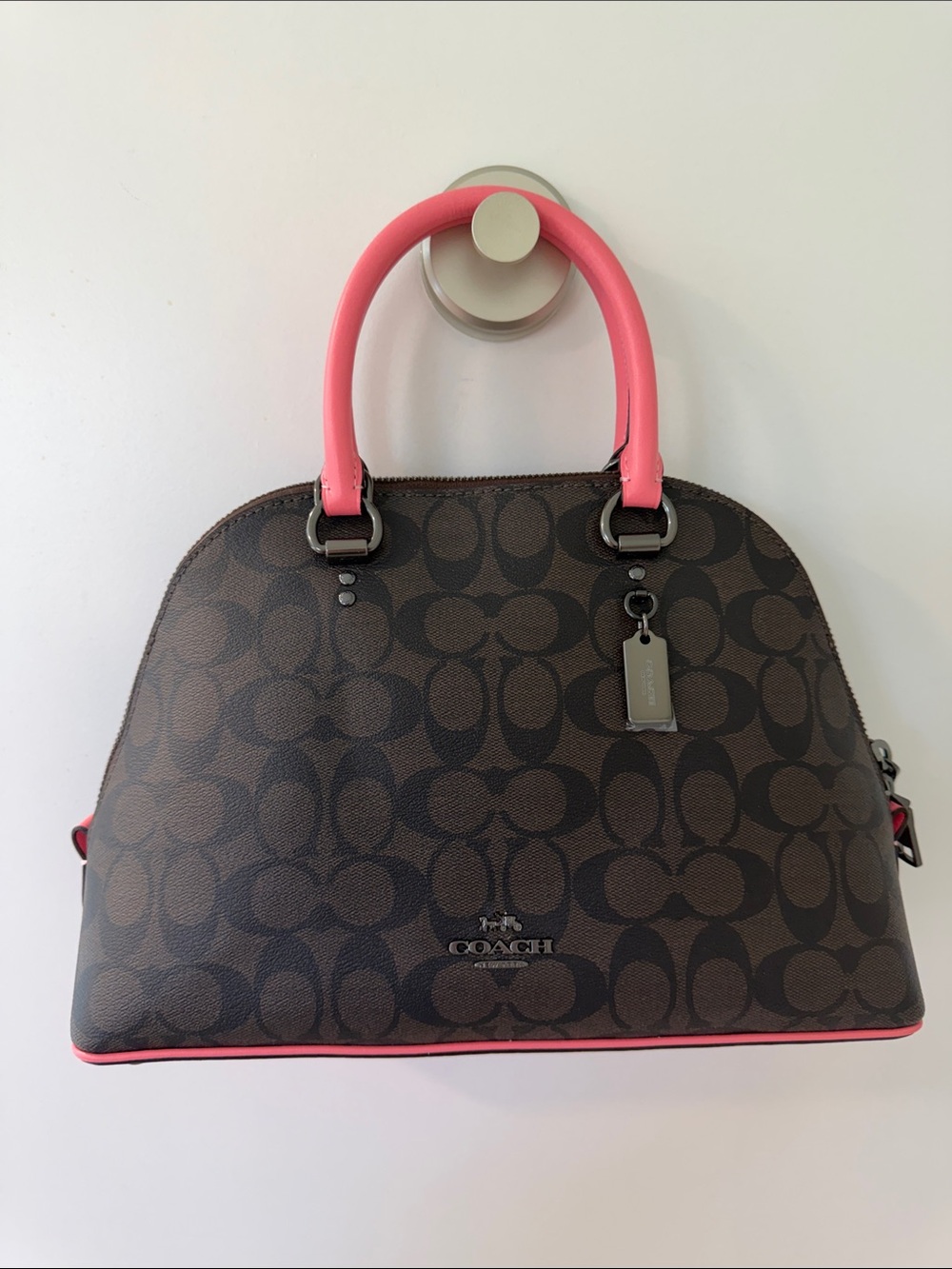 Coach Signature Katy Satchel in Brown with Pink Lemonade Trim